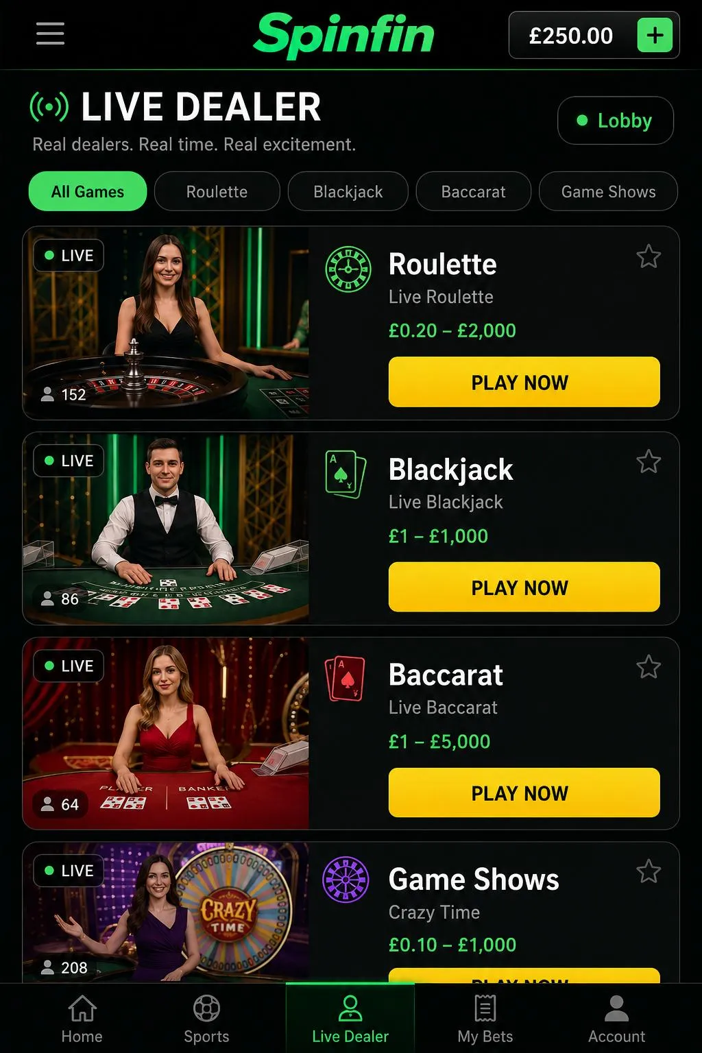 Live dealer games on the Spinfin mobile app