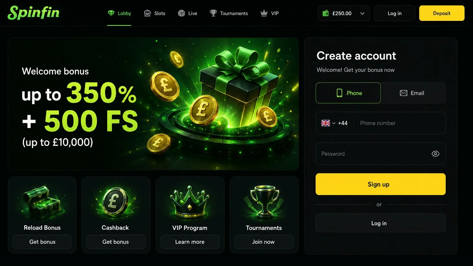 Complete the sign-up and login process with a Spinfin promo code