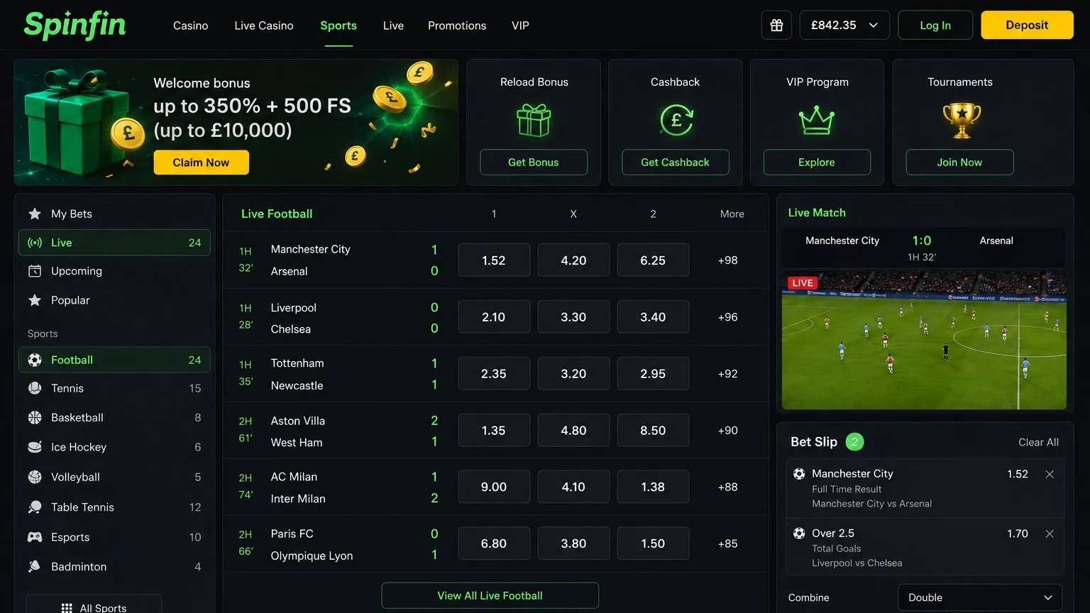 Sports betting options at Spinfin Casino in the UK